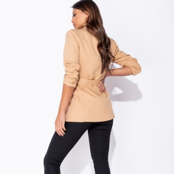 Camel Long Sleeve Double Breasted Blazer Jacket - Picture 4 of 8